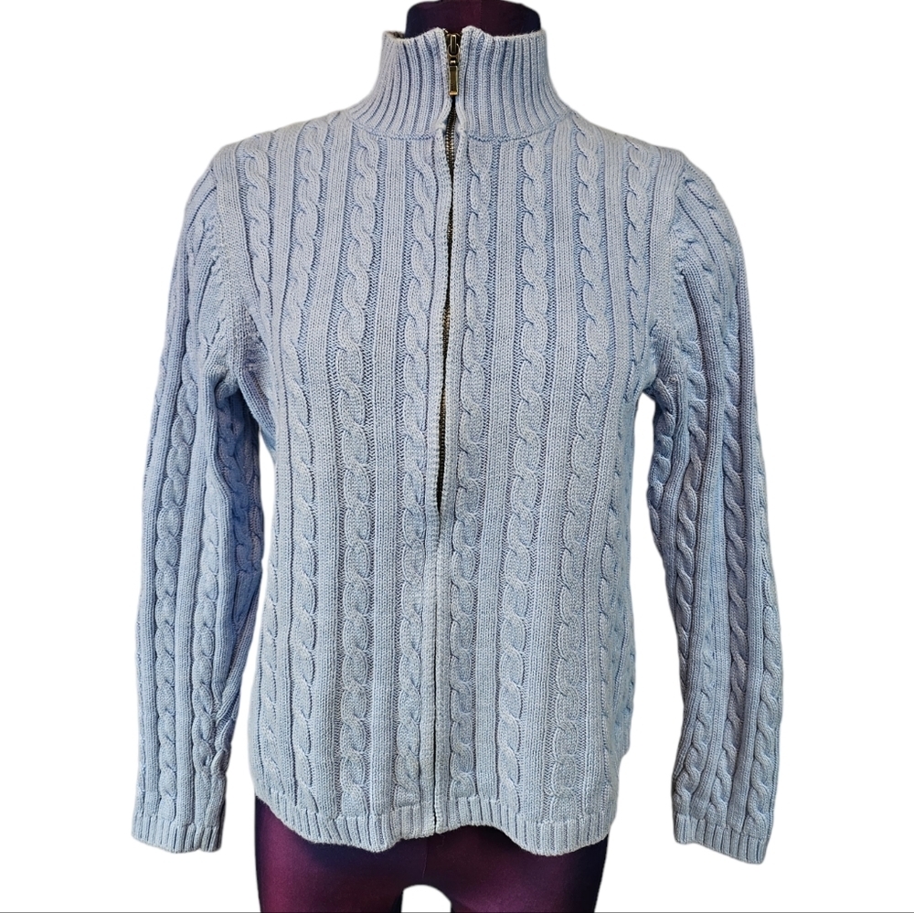 L.L. Bean Periwinkle Blue Cable Knit Mock Neck Full Zipper Sweater Size Medium